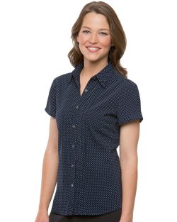 2173-City-Collection-Ladies-City-Stretch-Spot-Shirt--Short-Sleeve-Navy-Modelled