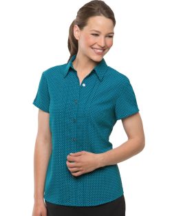 2173-City-Collection-Ladies-City-Stretch-Spot-Shirt-Short-Sleeve-Teal-Modelled