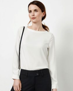 S828LS-Biz-Collection-Womens-Business-Shirt-Madison-Boatneck-Long-Sleeve-Ivory-hero-tucked-with-bag